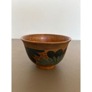 Vintage Hand Carved Wooden Bowl Floral Folk Art Decorative Footed Dish Brown